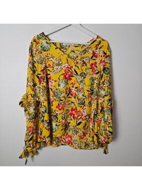 Rose + Olive Size L Yellow Floral Blouse Bell Tie Sleeve Details Cottagecore